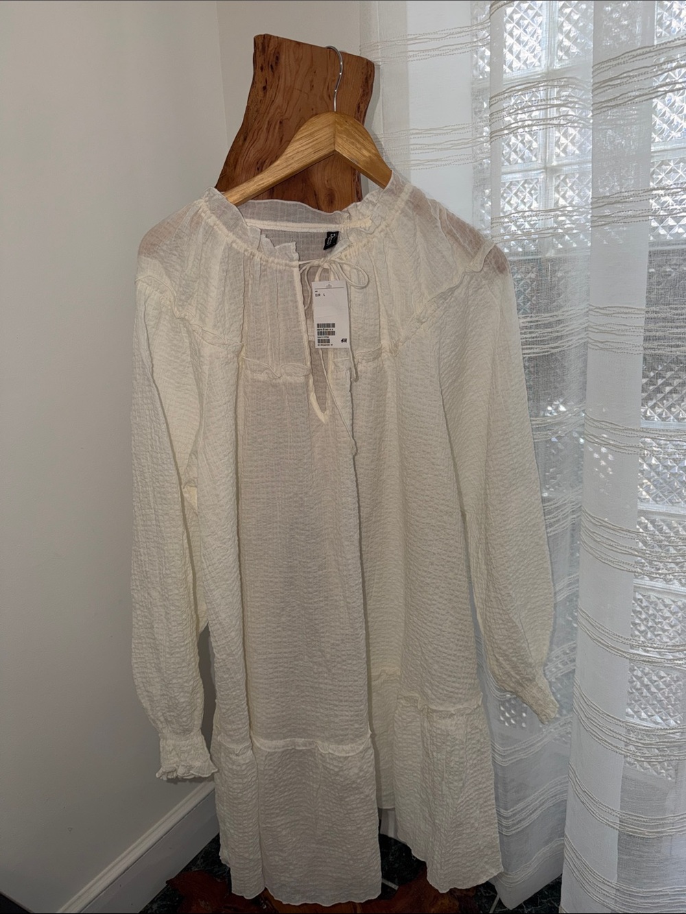 H&M White Gauze Peasant Blouse with Tie Neck